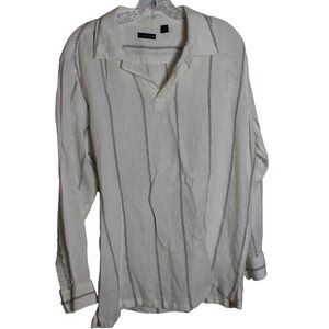 Structure Mens White Linen Shirt Long Sleeve Striped Collar Casual‎ Size L